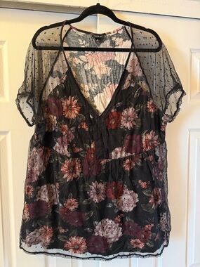 torrid Black Floral Mesh V-Neck Blouse